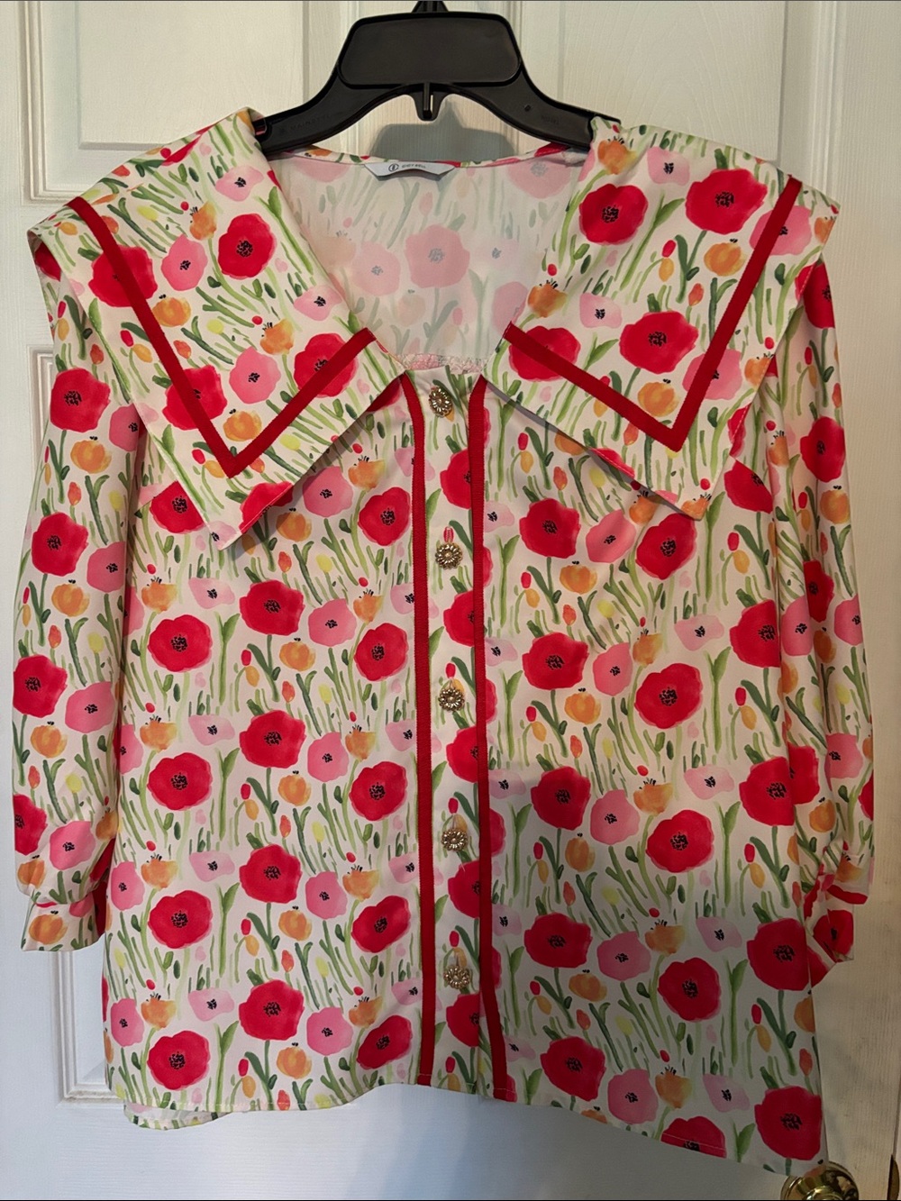 Floral Poplin Button-Front Blouse in Red & Pink